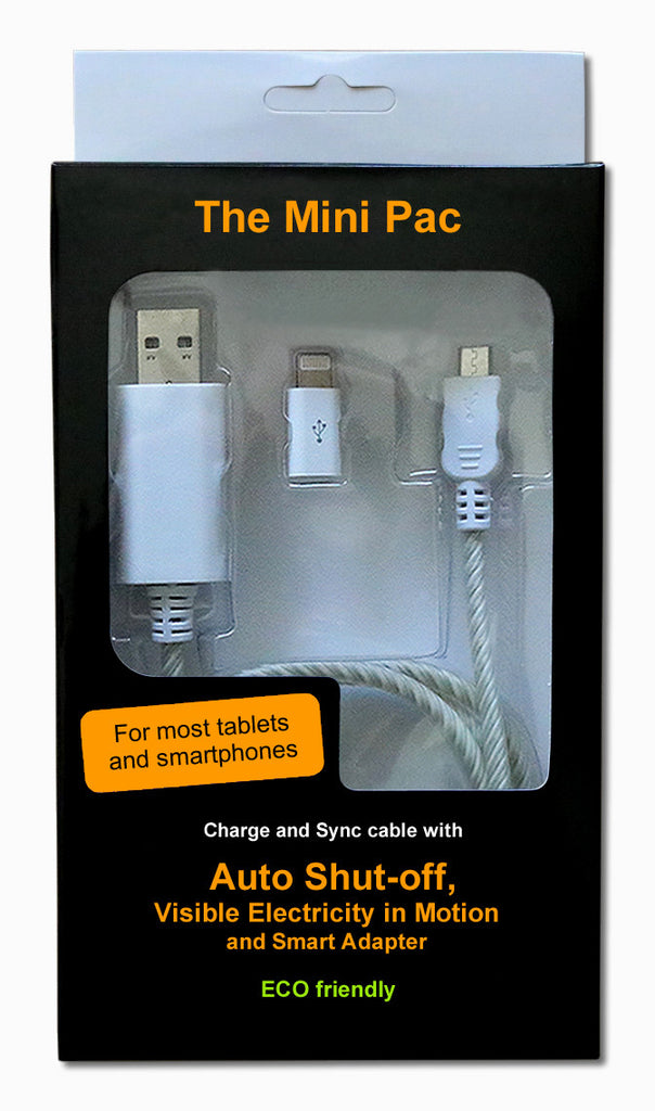 The Mini PAC is a USB charge & sync cable for smartphones and tablets with AUTO SHUT-OFF and VISIBLE ELECTRICITY IN MOTION